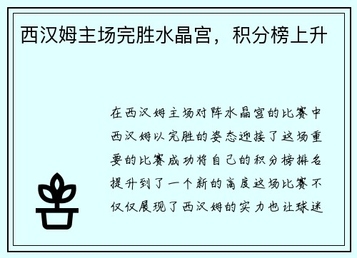西汉姆主场完胜水晶宫，积分榜上升