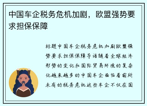 中国车企税务危机加剧，欧盟强势要求担保保障