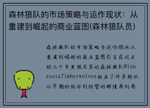 森林狼队的市场策略与运作现状：从重建到崛起的商业蓝图(森林狼队员)