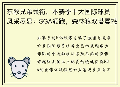 东欧兄弟领衔，本赛季十大国际球员风采尽显：SGA领跑，森林狼双塔震撼