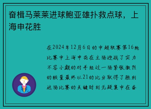 奋楫马莱莱进球鲍亚雄扑救点球，上海申花胜