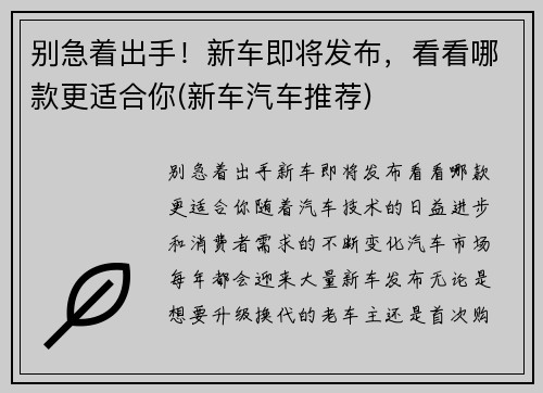 别急着出手！新车即将发布，看看哪款更适合你(新车汽车推荐)